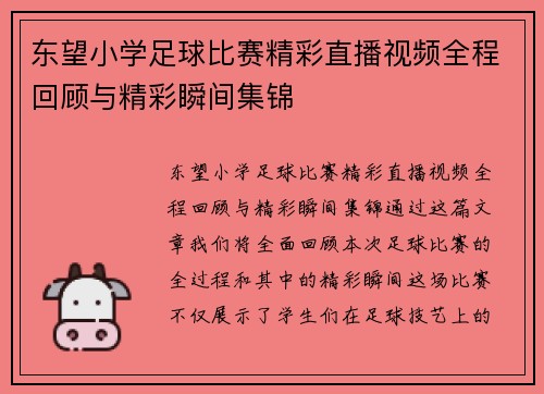 东望小学足球比赛精彩直播视频全程回顾与精彩瞬间集锦